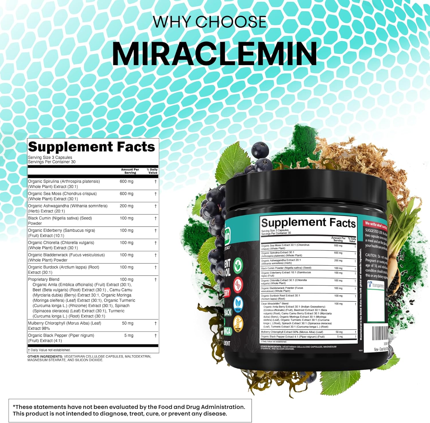 Clean Nutra Sea Moss Capsules with Ashwagandha, Black Seed Oil, Burdock Root, Bladderwrack, Moringa, Chlorella, Spirulina, Turmeric, Elderberry, Amla – 90 Vegan Capsules – MiracleMin