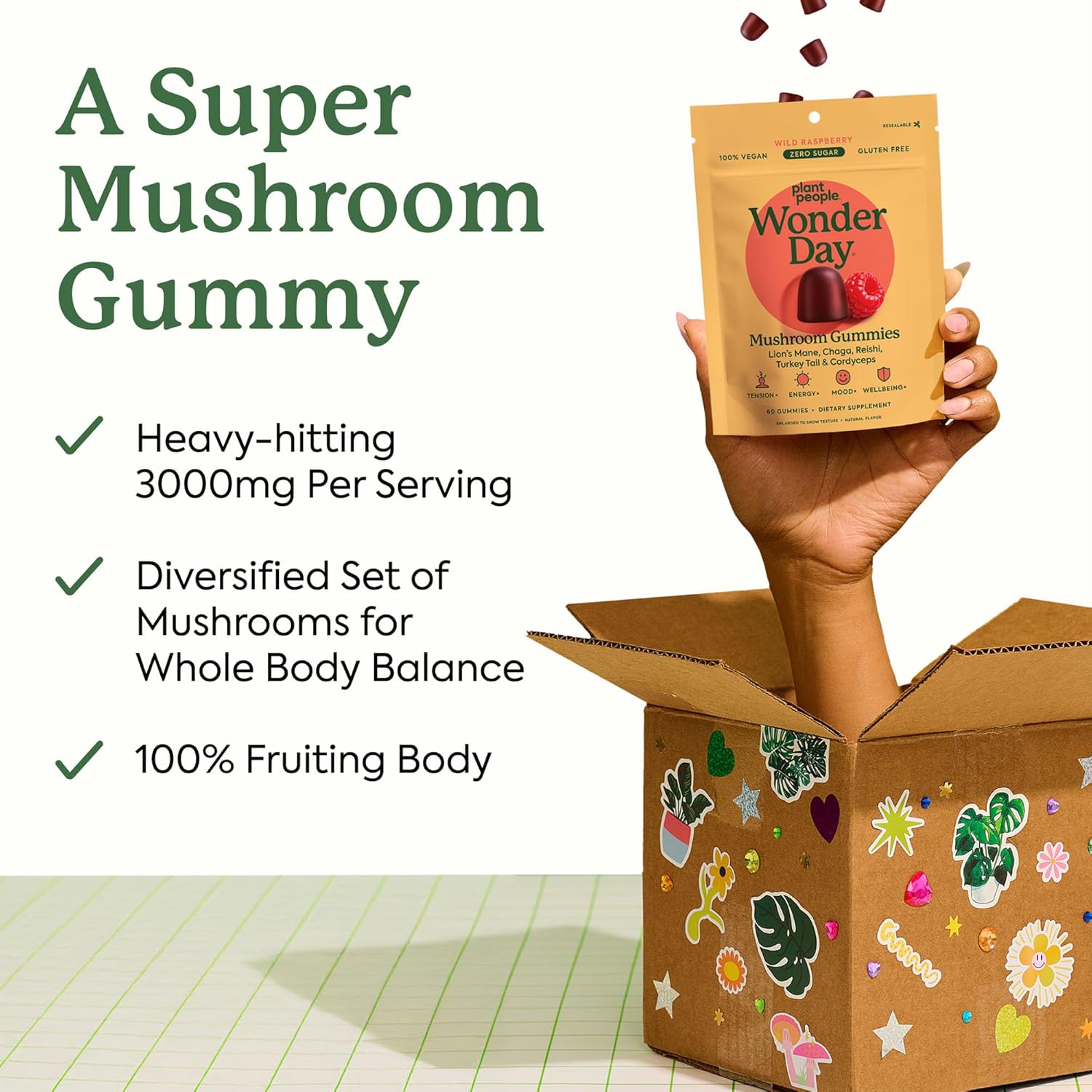 Plant People WonderDay Mushroom Gummies - Lion’s Mane, Cordyceps, Chaga Mushroom Supplement to Support Immune System De-Stress Boost Mood & Energy in Adults Natural, Vegan, Non-GMO (60 Count)