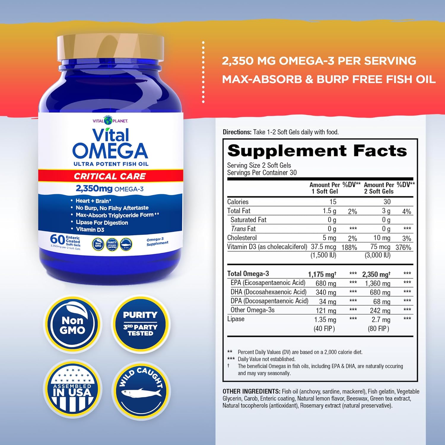 Vital Planet - Vital Omega 3 Fish Oil Critical Care Supplement with 2350mg of High Potency Wild Caught Omega 3 Fatty Acid Supplements EPA DHA and DPA for Heart Health 60 Softgels (Packaging May Vary)