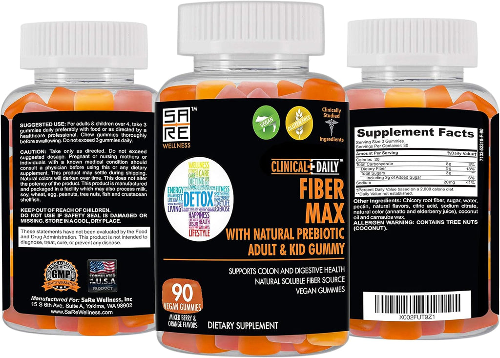 CLINICAL DAILY Fiber Max, Vegan High Fiber Gummies for Adults & Kids. Constipation Relief for Adults and Kids. Prebiotic Inulin Fiber Supplement Gummies. 90 Gluten-Free Laxative Gummies for Gut Repair