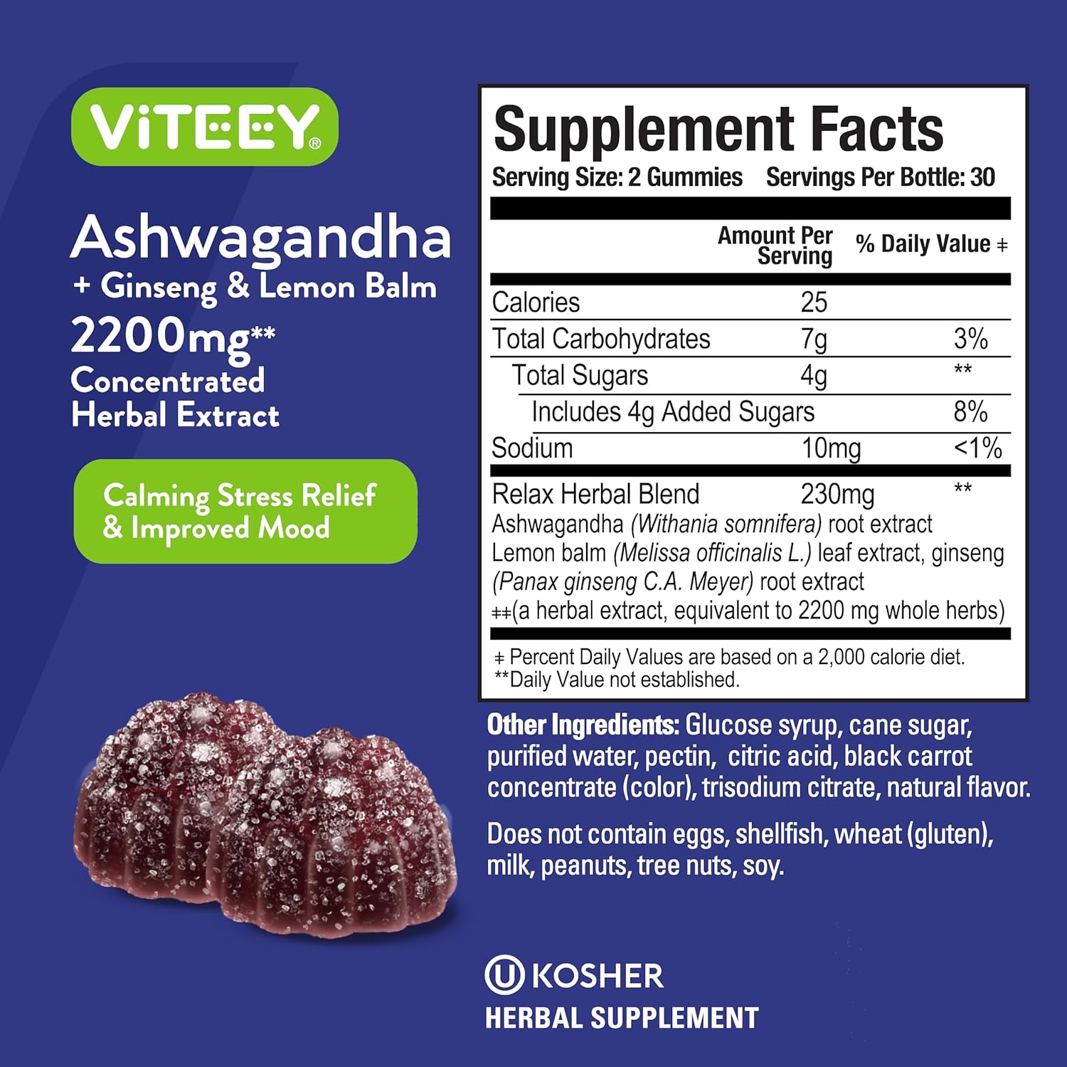 Viteey Ashwagandha Gummies with Ginseng & Lemon Balm - Mood, Calm & Stress Support Ashwagandha Supplements - Vegan, Gluten-Free - 120 Count