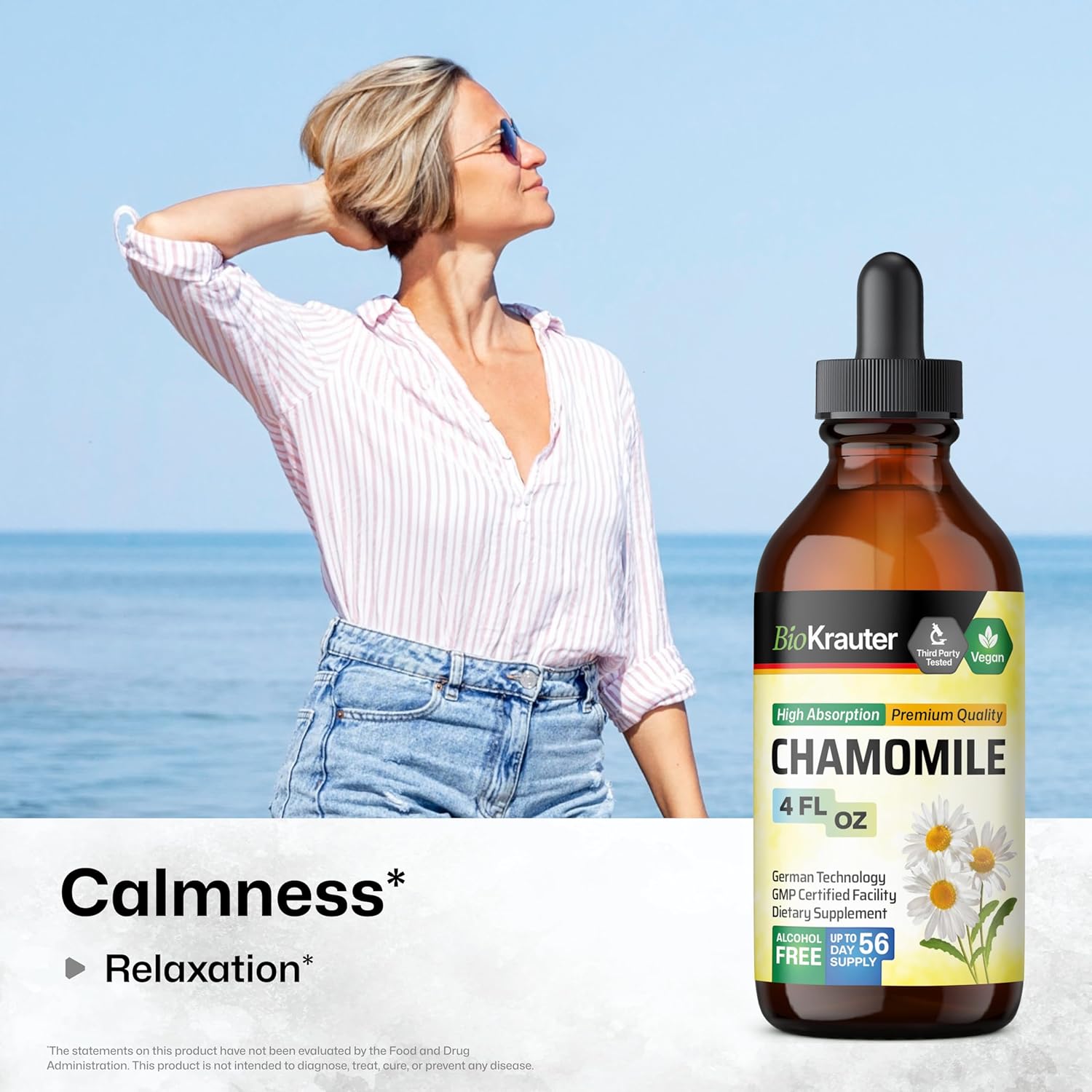BIO KRAUTER® Chamomile Extract - Liquid Drops Pure Vegan Chamomile Supplement 670 mg per Serving 4 Fl.Oz 56-Day Supply - Used for Calm & Relax - Alcohol & Sugar Free - Natural Calm & Sleep Support