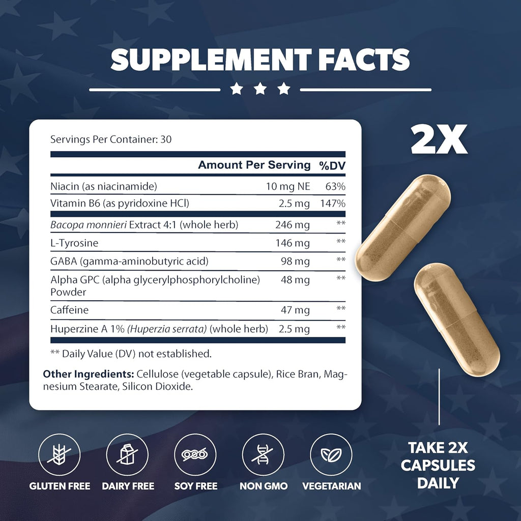 Brain Formula – with Niacin, Vitamin B6 & GABA – Provides Nutritional Support for Brain Health & Mental Performance* – 60 Capsules