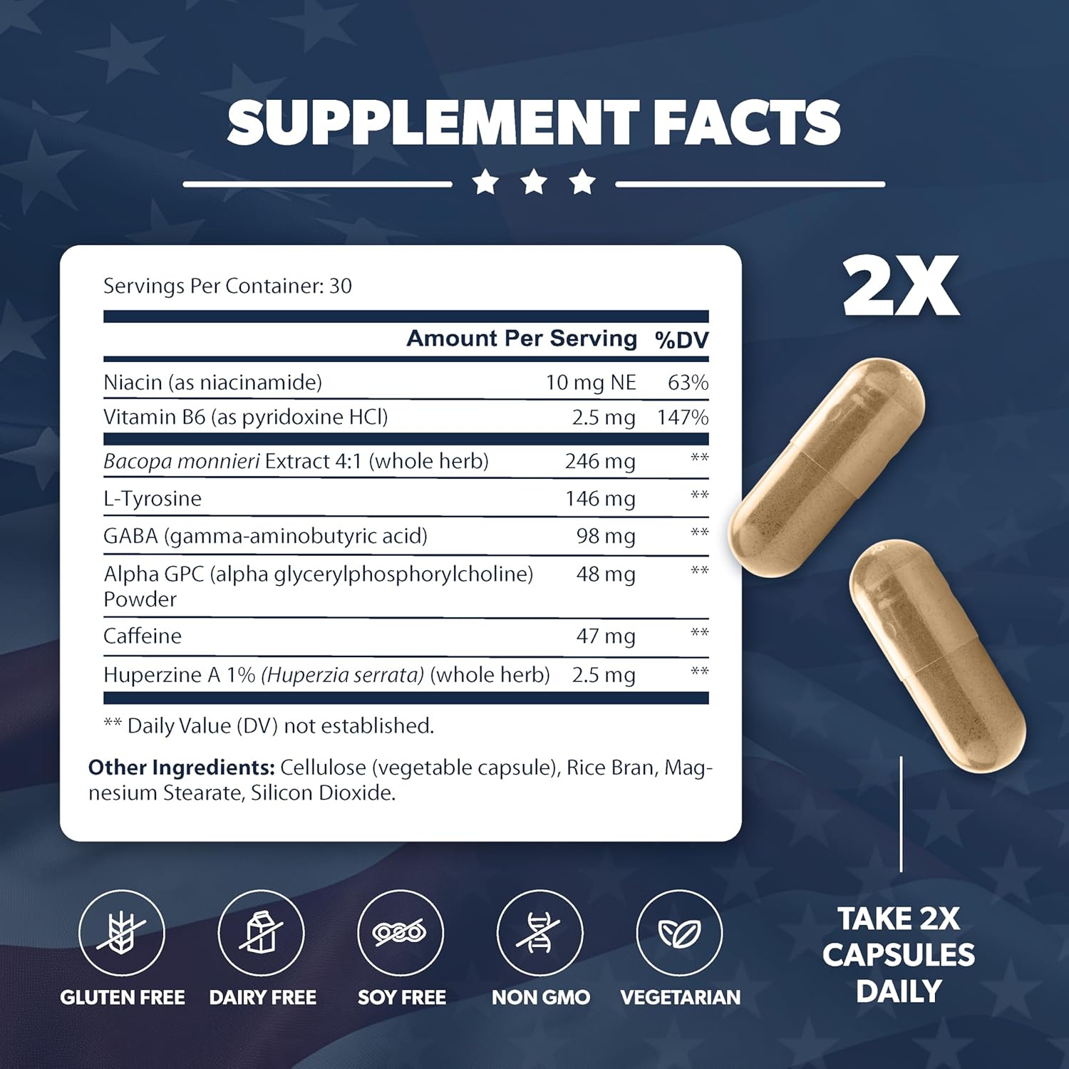 Brain Formula – with Niacin, Vitamin B6 & GABA – Provides Nutritional Support for Brain Health & Mental Performance* – 60 Capsules