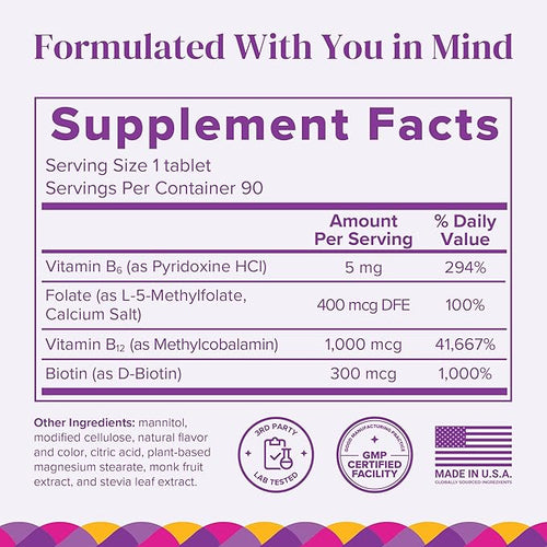 BariMelts Vitamin B12 Plus, 90 Fast-Dissolving Tablets (3-Month Supply), Sugar-Free Bariatric Vitamins for Women, Includes B12, B6, Folate and Biotin, Natural Cherry Flavor