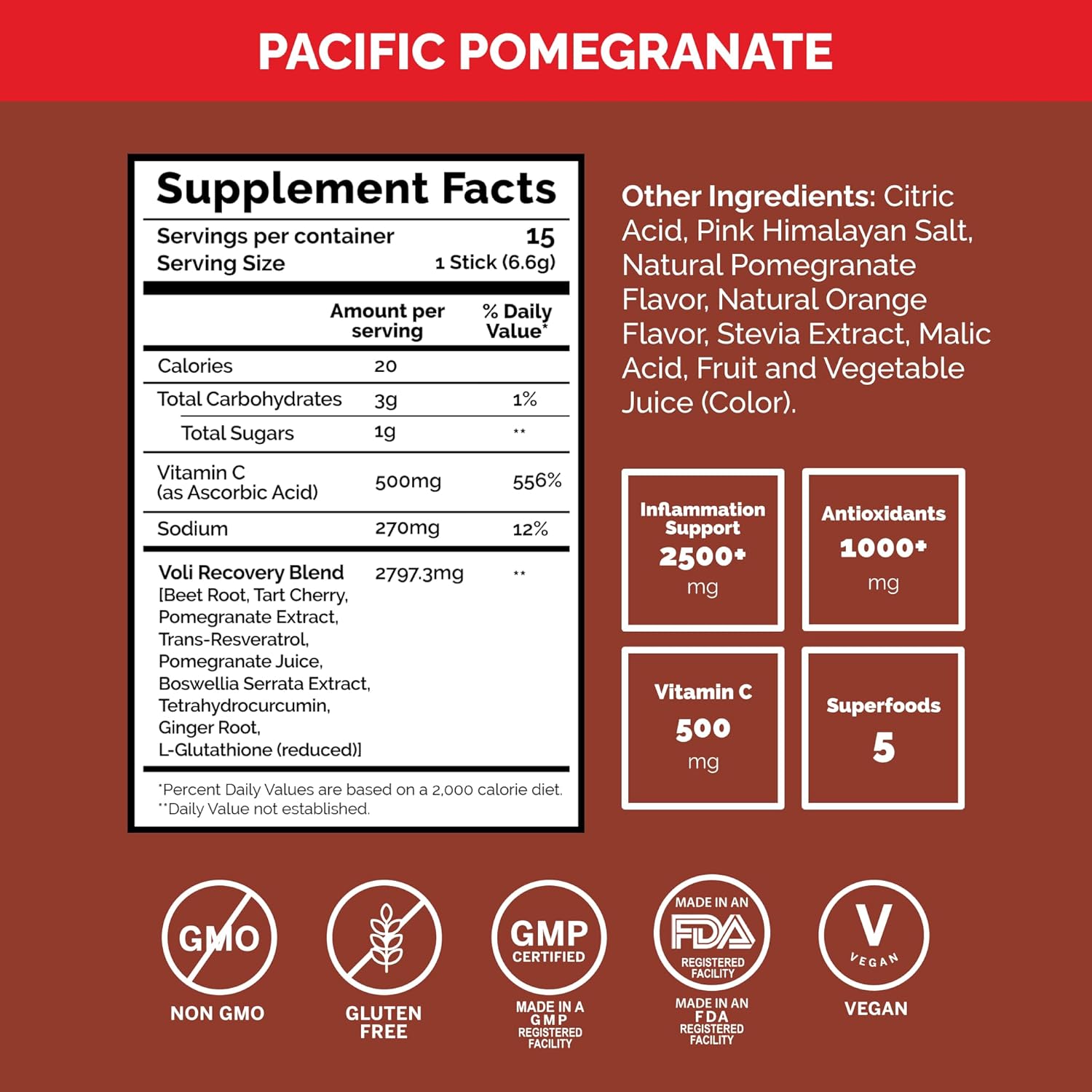 Voli Recovery - Post Workout Superfood Powder | Plant-Based Drink Mix Packets with Curcumin, Ginger & Vitamin C for Muscle Recovery & Immune Support, Inflammation & Leg Cramps Support, Vegan, 15 Count