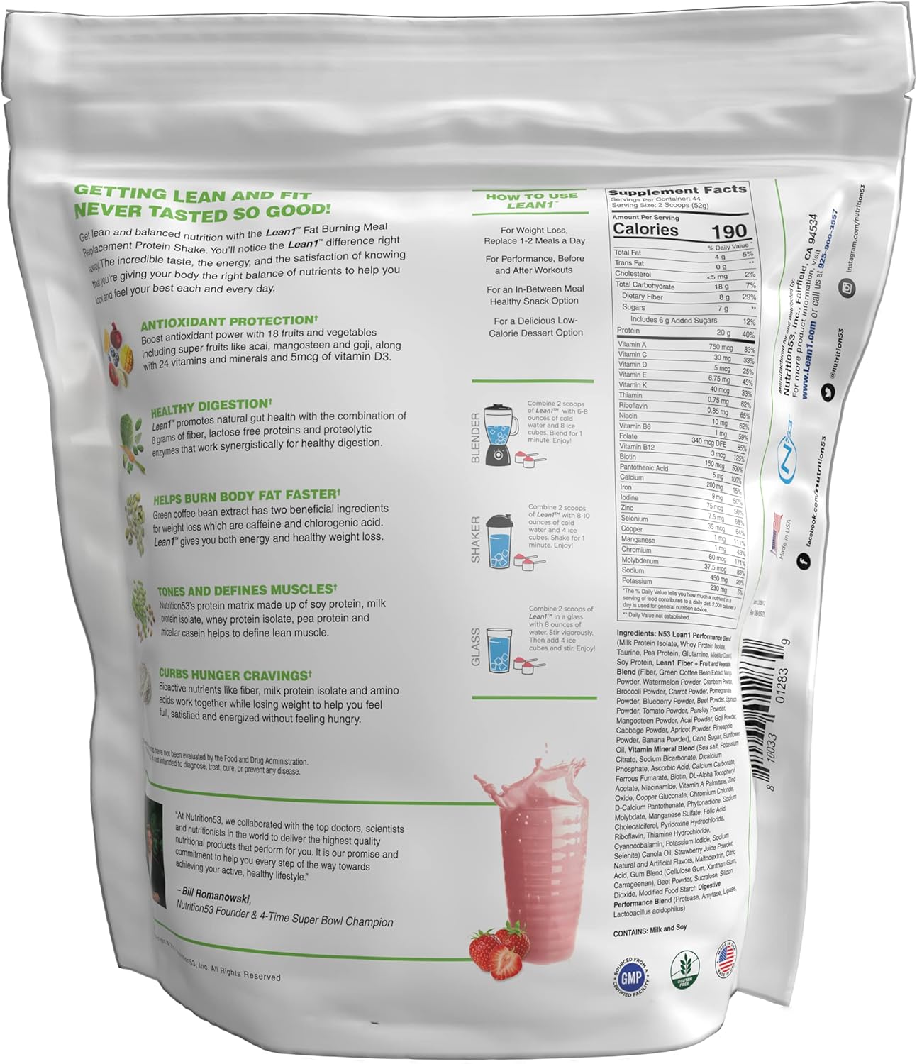 Lean1 Meal Replacement Protein Shake, Strawberry Flavor, 44 Servings in 5 Pound Bag