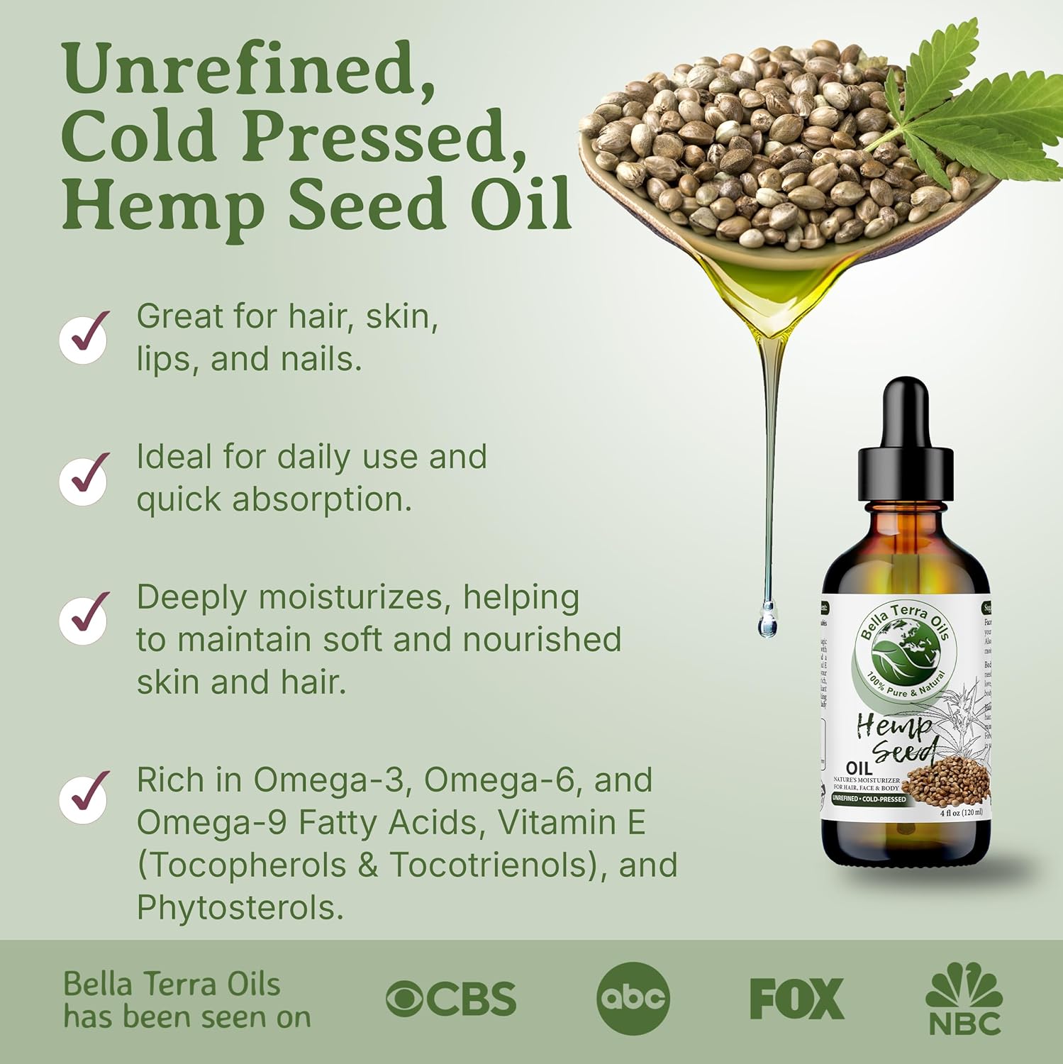 Bella Terra Oils - Hemp Seed Oil 8 oz - Cold-Pressed & Nutrient-Rich, Infused with Phytosterols, Potassium & Calcium for Skin & Hair Care