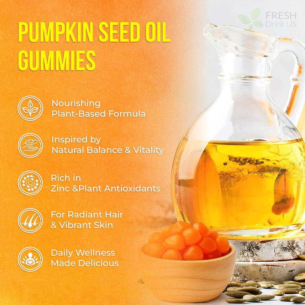 FreshDrinkUS, Premium 90 Pumpkin Seed Oil Gummies For Hair Growth, Youthful Skin, 4000mg Per Serving with Zinc & Vitamin C – Plant-Based, Non-GMO, Sugar/Gluten-Free, Men’s & Women’s Wellness Gummies
