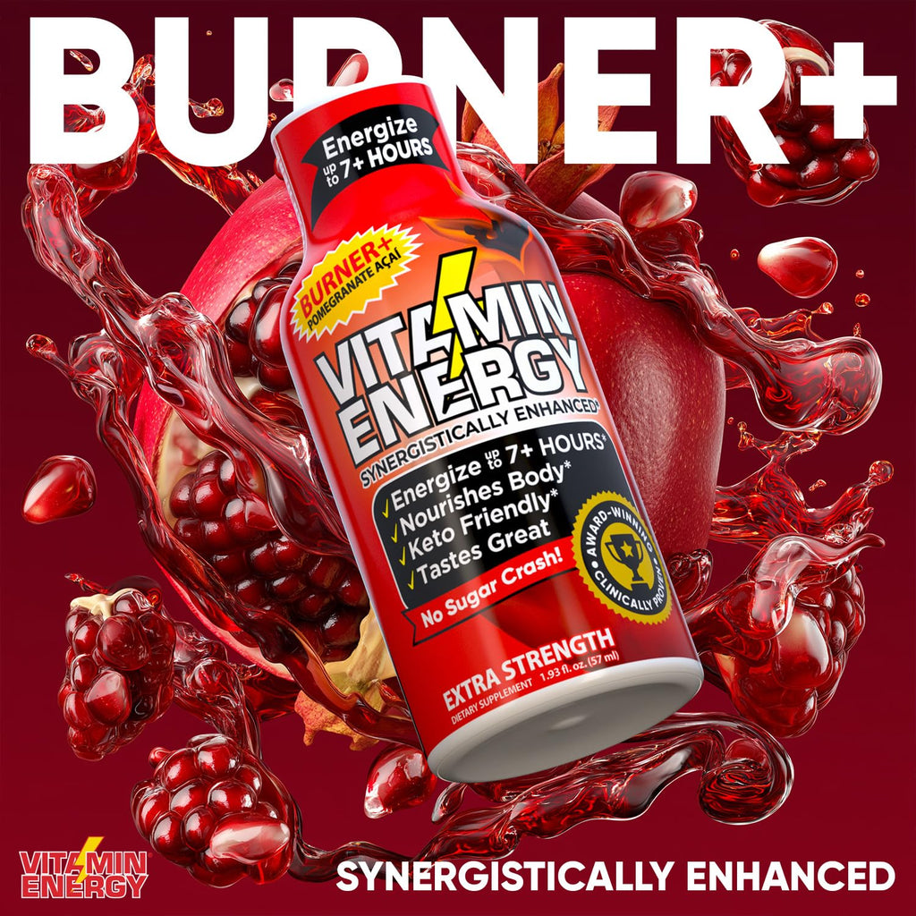 Vitamin Energy Burner+ Extra Strength Energy Shot Pomegranate Açaí 48 Pack, 260mg Natural Caffeine, 25mg Ketones, Green Tea, EGCG, Metabolism, Endurance, Zero Sugar, Gluten-Free, Vegan, 1.93 fl oz