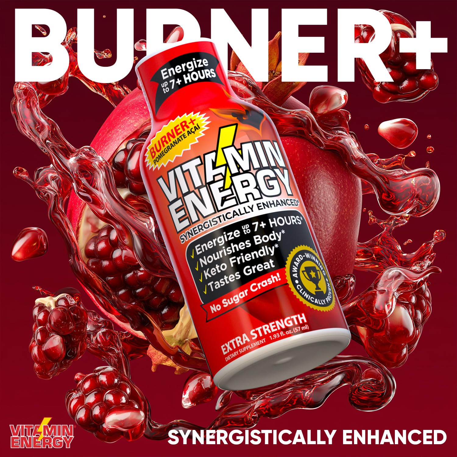 Vitamin Energy Burner+ Extra Strength Energy Shot Pomegranate Açaí 48 Pack, 260mg Natural Caffeine, 25mg Ketones, Green Tea, EGCG, Metabolism, Endurance, Zero Sugar, Gluten-Free, Vegan, 1.93 fl oz