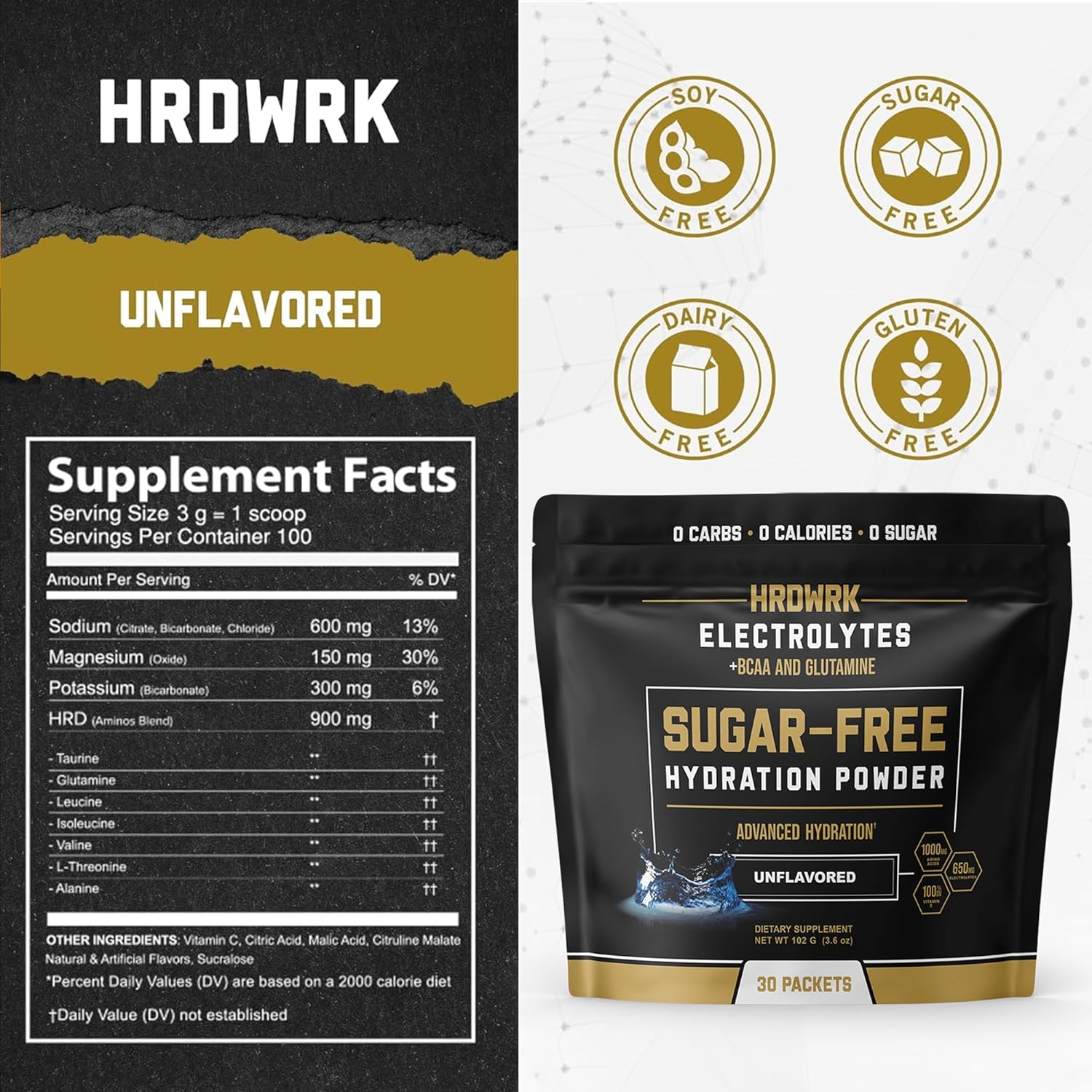 HRDWRK Electrolytes Powder Packets with Magnesium, Potassium Sodium, Keto Hydration Packets - BCAA Electrolyte Powder Packets with Glutamine, 30 Electrolytes Powder Packets Sugar Free (Unflavored)