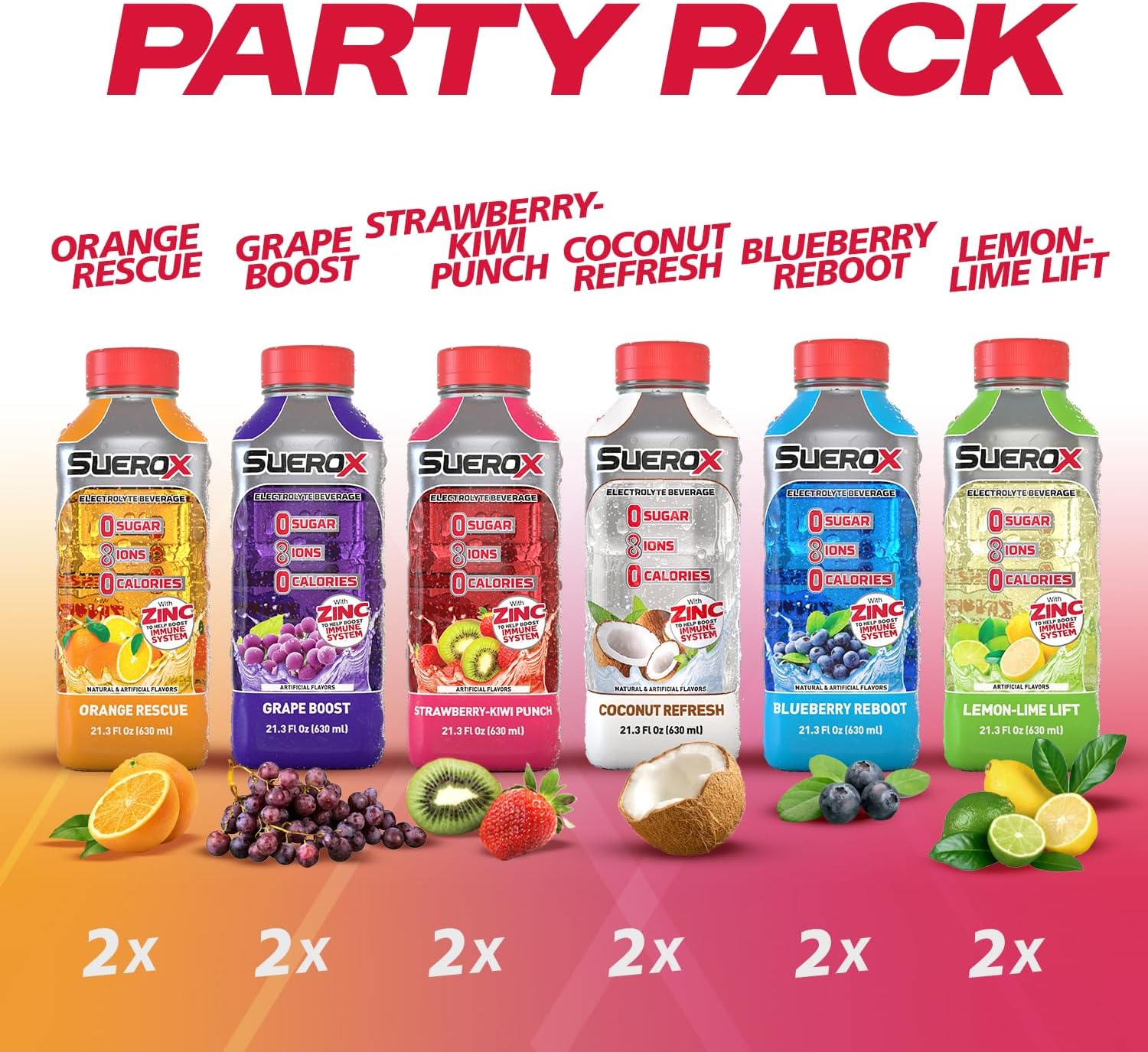 SueroX Zero Sugar Electrolyte Drink for Hydration and Recovery, Unique Blend of Electrolytes & 8 Ions, Zero Calorie Sports Drink, 21.3 Fl Oz, Party Pack, 12 Count