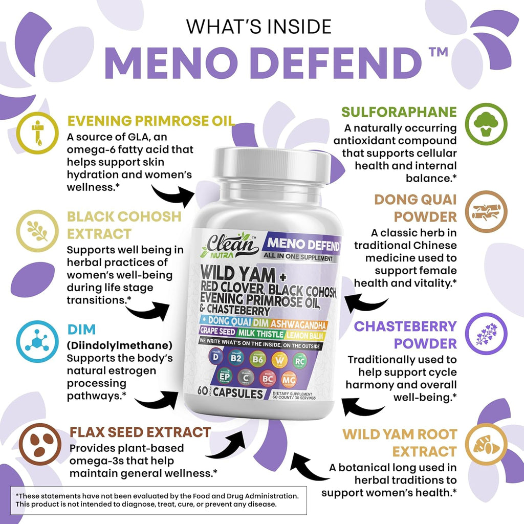 Clean Nutra Wild Yam Root Capsules with Red Clover Black Cohosh Evening Primrose Oil Chasteberry Dong Quai DIM Ashwagandha Grape Seed Extract Milk Thistle Lemon Balm and more Hormone Balance For Women