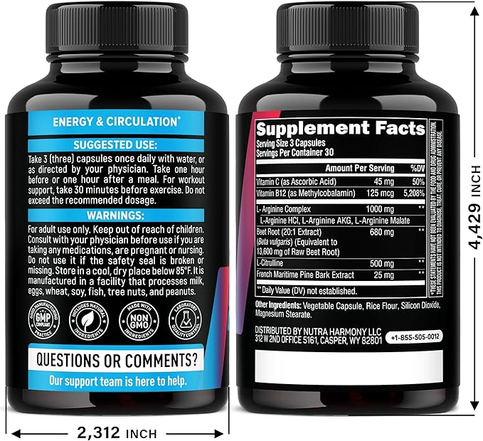 Nitric Oxide Supplement for Men & Women 2250 mg - Nitric Oxide Booster - Pine Bark | L-Arginine | L-Citrulline | Beet Root | Vitamin C & B12 - Muscles, Energy & Circulation - Made in USA, 90 Capsules