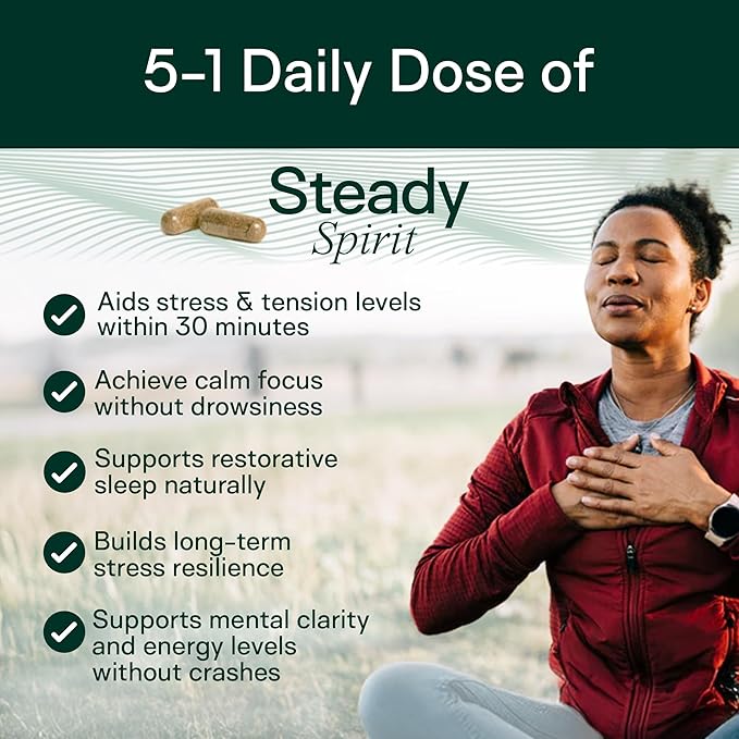 Adapt Naturals Steady Spirit Stress, Anxiety & Mood Support Supplement for Women and Men with Ashwagandha, L-Theanine, Holy Basil, Saffron, and Lemon Balm - Stress Relief Supplement - 60 Day Supply