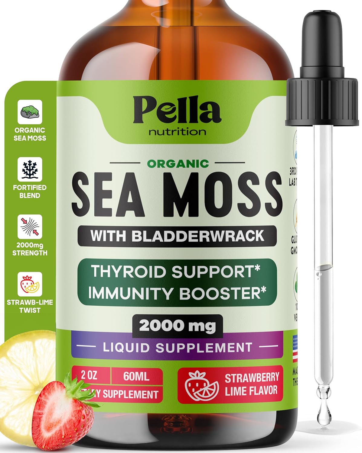 Pella Nutrition Organic Sea Moss Drops - 4X Stronger Than Irish Sea Moss Gel, Capsules and Gummies - Superfood Supplement - Immune Support Supplement (Strawberry Lime, 60mL)