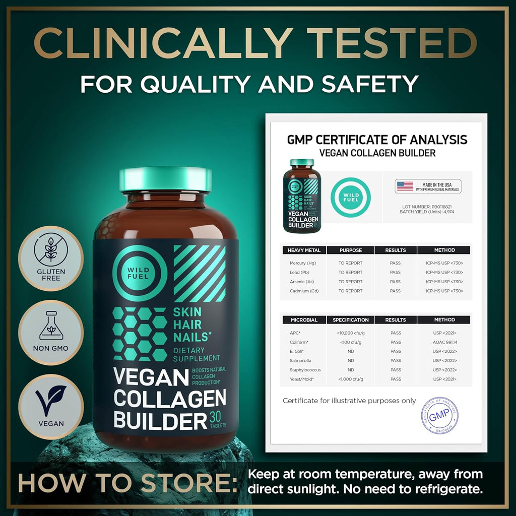 WILD FUEL Vegan Collagen Builder - Biotin, Organic Superfood, Amino Acids Glycine, Lysine, Proline Plant-Based Collagen Booster Supplements - 30 Organic Extract Tablets