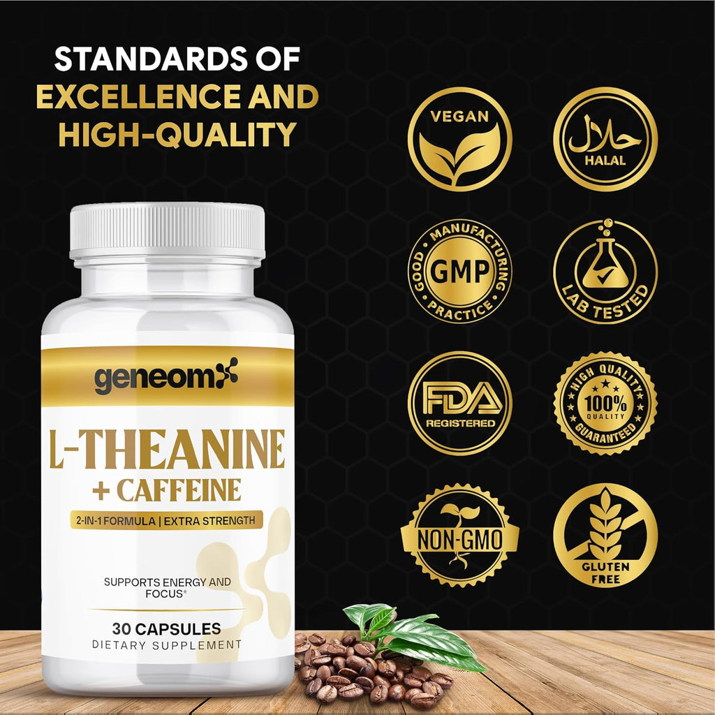 L-Theanine + Caffeine Supplement - Extra Strength 2-in-1 Formula for Mental Clarity, Energy and Focus with Natural Green Coffee Bean Extract, Supports Calm & Alertness | 30 Vegetarian Capsules