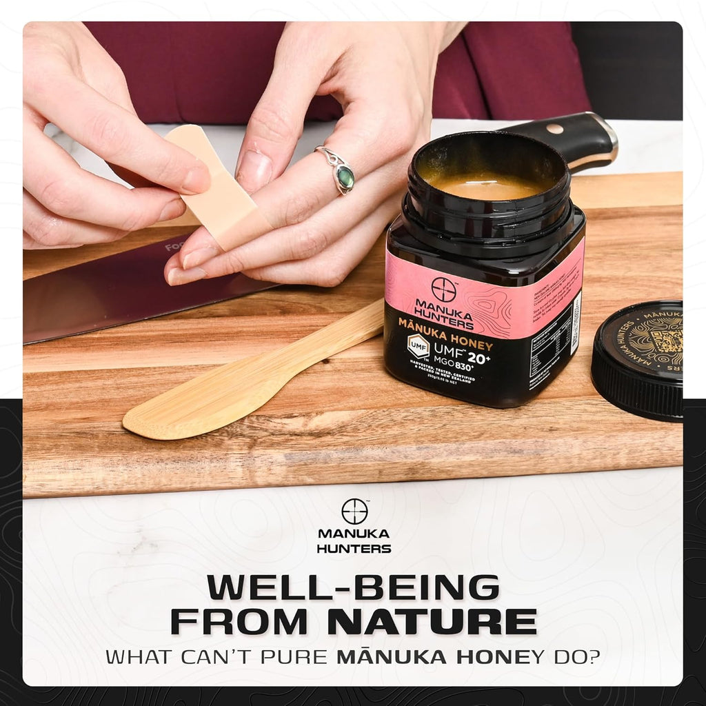Manuka Hunters UMF 20+/MGO 830+ Certified New Zealand Manuka Honey - 100% Pure Natural Sweetener - Gluten, Dairy Free - Ideal for Tea, Coffee, Smoothies, and Baking - Sustainable - 8.8oz/250g Jar