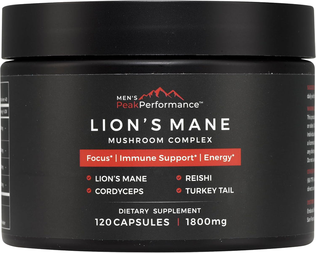 MEN'S PeakPerformance Lion's Mane Mushroom Supplement Capsules with Reishi, Cordyceps, Turkey Tail – Brain Nootropic for Memory, Focus, Natural Energy, & Immune Support Supplement (120 Capsules)