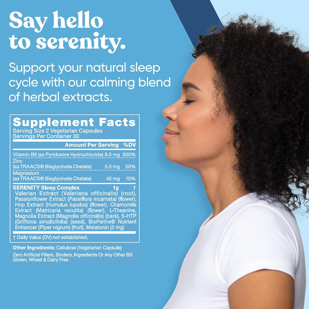 Serenity Sleep Natural Sleep Aid – Potent Blend of Magnesium, Valerian Root and Melatonin – Natural Sleep Aid – Non-Habit-Forming Way to Relax and Get a Good Night’s Sleep – 60 Vegan Soft Caps