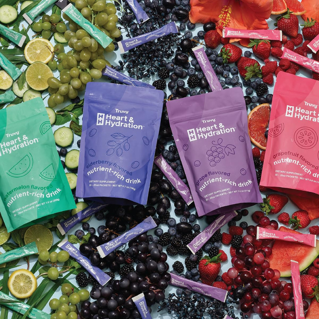 Truvy Heart & Hydration - Elderberry | 30 Stick Packs | Sugar-Free Super Drink Mix | Supports Hydration, Energy, and Heart Health | Infused with Electrolytes, CoQ10, Ginseng