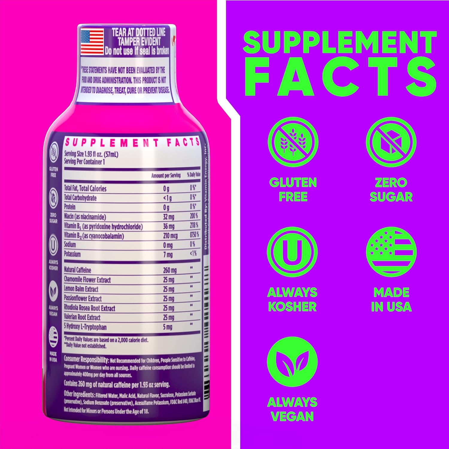 Vitamin Energy Mood+ Extra Strength Energy Shot Tropical Berry 8 Pack, 260mg Natural Caffeine, B-Vitamins, Rhodiola, Chamomile, Mood & Energy Support, Zero Sugar, Gluten-Free, Vegan, 1.93 fl oz