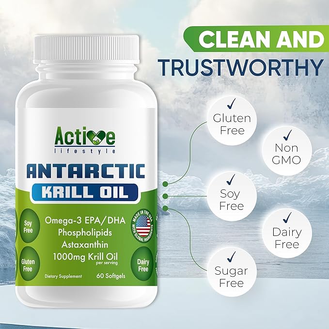 Active Lifestyle Antarctic Krill Oil Supplement, High Absorption EPA, DHA, Astaxanthin & Phospholipid, Red Krill, GMO Free, Gluten Free, Soy Free, Dairy Free, Lab Tested, Made in USA