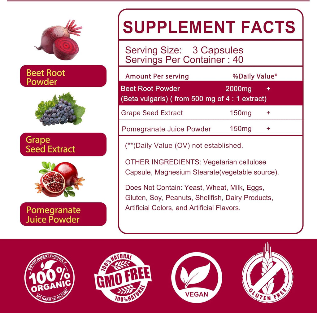Beet Root Capsules 2000mg Nitric Oxide Supplements w/ Grape Seed Extract, Pomegranate Extract Supports Circulation & Blood Flow, Energy for Men/Women, Organic Beetroot Powder, Non GMO, 240 Counts