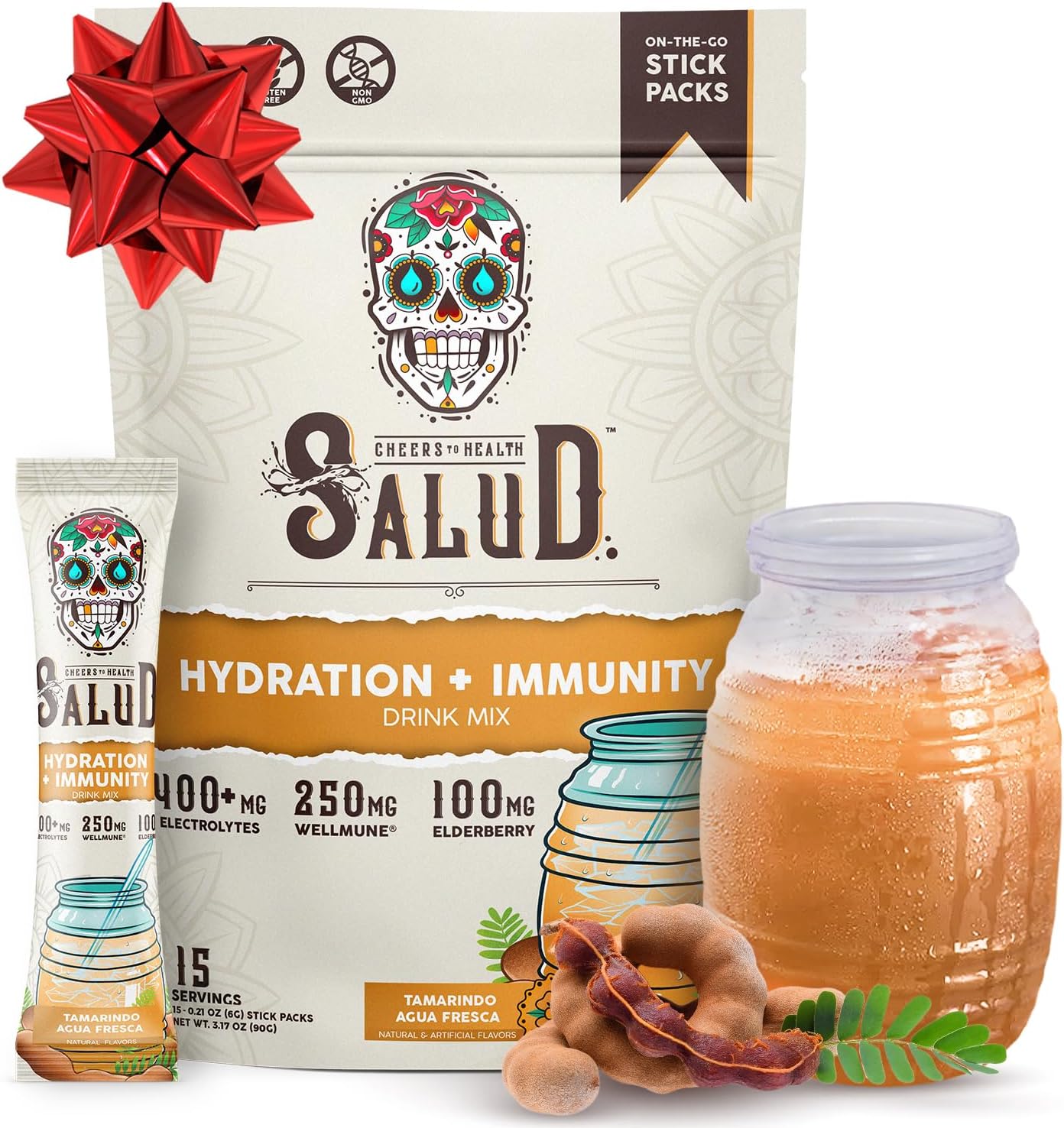 Salud 2-in-1 Hydration Packets + Immunity Electrolytes Powder, Tamarindo - Agua Fresca Drink Mix, Elderberry, Dairy & Soy Free, Non-GMO, Gluten Free, Vegan, Low Calorie, 1g Sugar (15 Servings)
