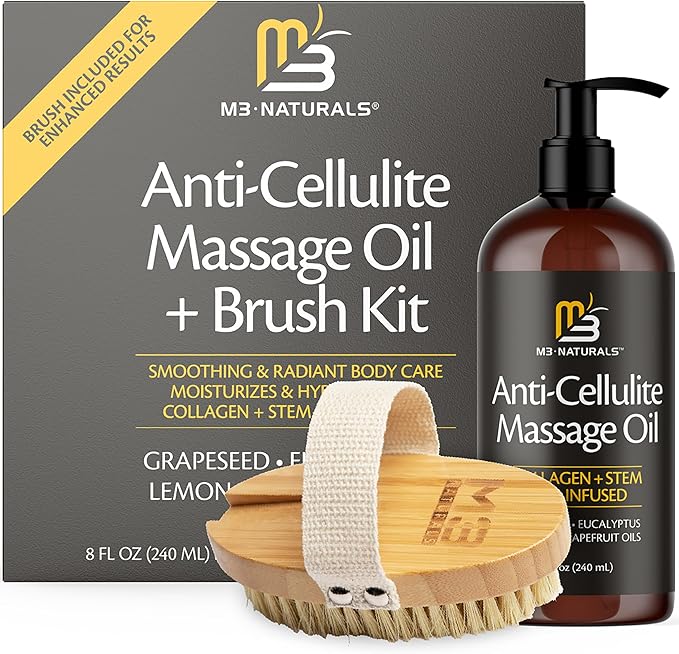 Anti Cellulite Massage Oil and Firm Dry Brush Kit | Collagen & Stem Cell Skin Tightening Kit | Radiant Body Care Kit for Women by M3