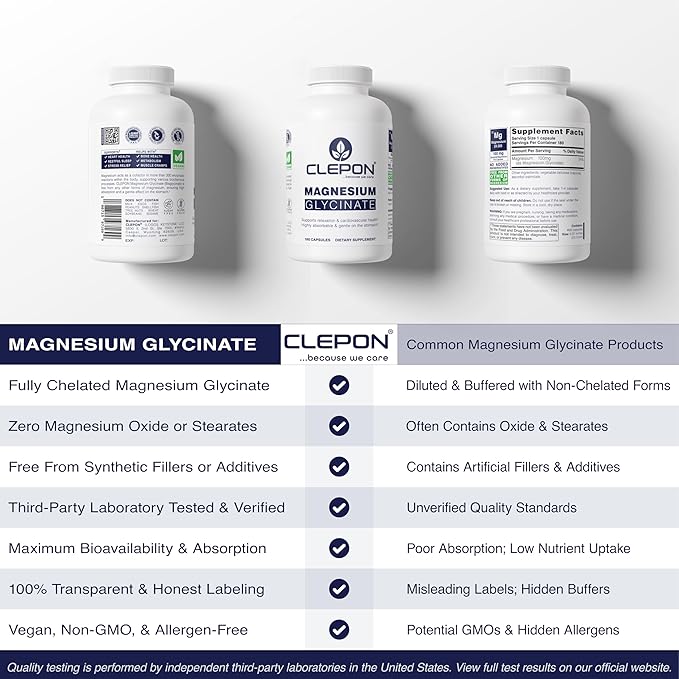 Magnesium Glycinate (100mg Elemental per Capsule) - 180 Capsules - High Absorption, Fully Chelated - Sleep Support, Relaxation, Muscle Cramps & Heart Health - 3rd Party Tested, Non-GMO, Vegan