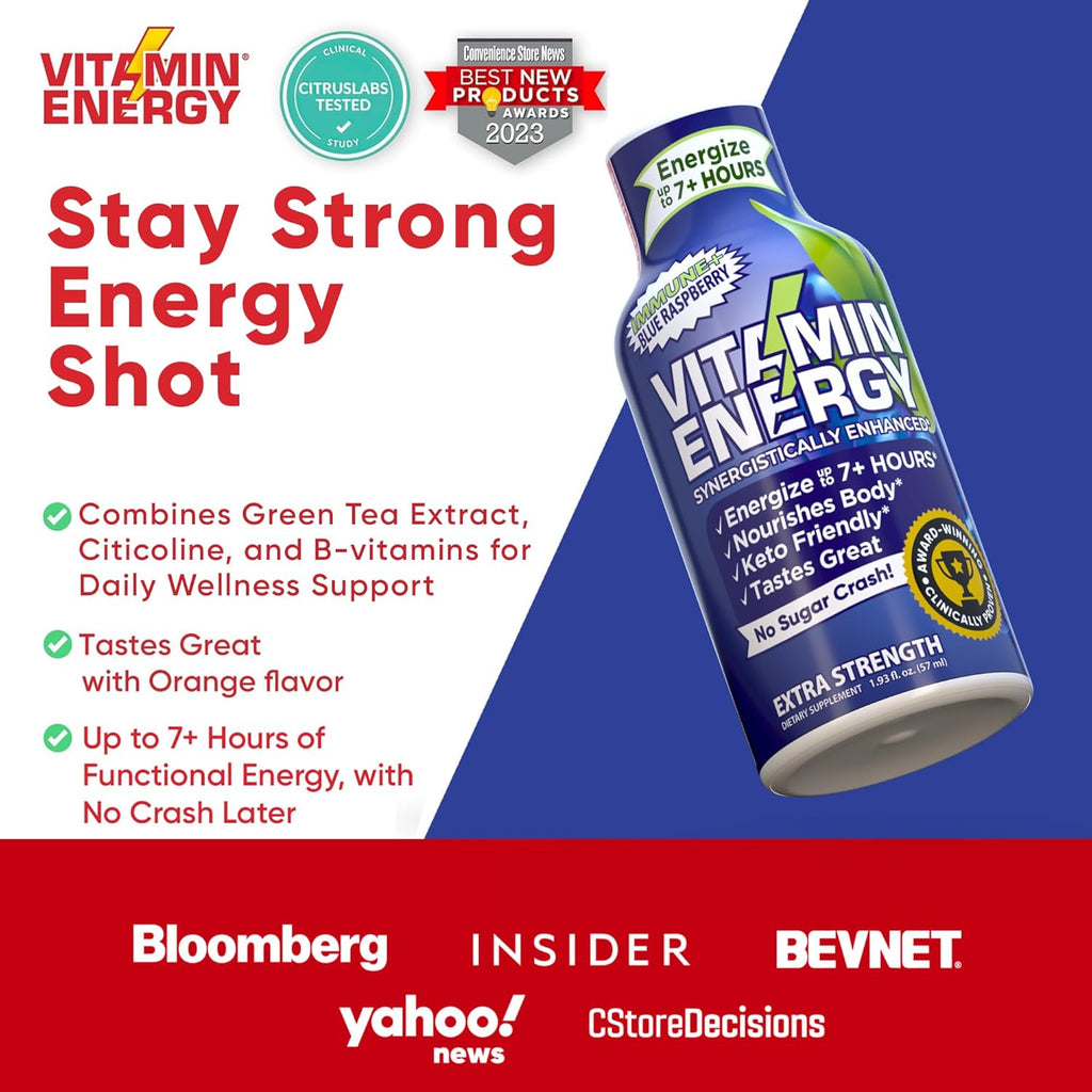 Vitamin Energy Immune+ Extra Strength Energy Shot Blue Raspberry 8 Pack, 260mg Natural Caffeine, B-Vitamins, Citicoline, Green Tea, Immunity & Focus Support, Zero Sugar, Gluten-Free 1.93 fl oz