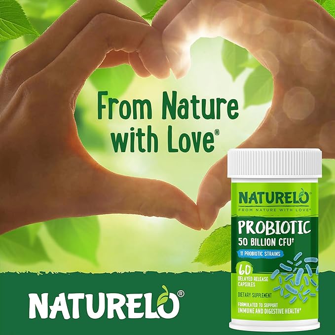 NATURELO Probiotics for Digestive Health - 50 Billion CFU, 11 Strains, Daily Use Supplement - Boosts Immune System, Delayed Release, No-Fridge, 60 Vegetarian Capsules (Pack of 2)