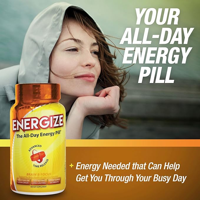 iSatori Energize Brain & Focus Caffeine Pills - Fast Acting All Day Energy Pills, Brain Booster, Energy and Focus Supplement, Time Release Caffeine Means No Jitters, No Crash (60 Tablets)