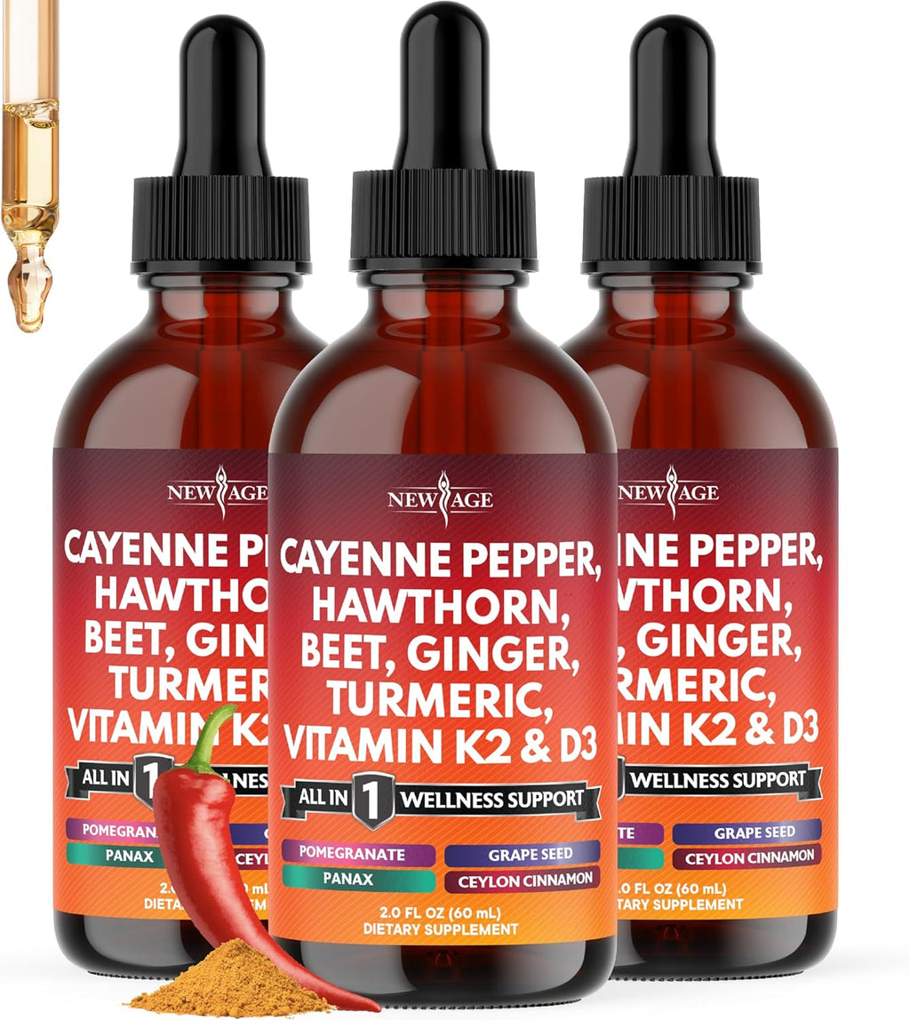 Cayenne Pepper Supplement Liquid Drops + Hawthorn Berry, Vitamin D3 K2 Beet Root Powder, Ceylon Cinnamon, Turmeric Curcumin, Organic Panax Ginseng - 6oz