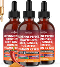 Cayenne Pepper Supplement Liquid Drops + Hawthorn Berry, Vitamin D3 K2 Beet Root Powder, Ceylon Cinnamon, Turmeric Curcumin, Organic Panax Ginseng - 6oz