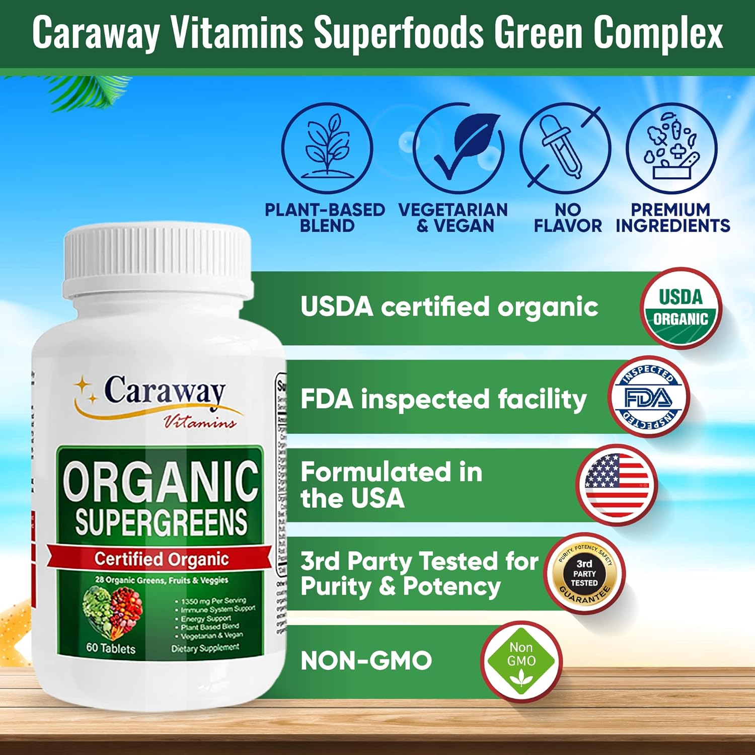 Organic Superfoods Vitamins Super Greens Complex by Caraway Vitamins 1,350 mg per Serving 28 Fruits Vegetables Greens 60 Count Tablets Non-GMO Natural for Men & Women
