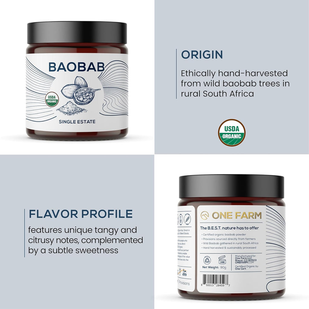 One Farm by WAAYB Organic Baobab Powder Non-GMO, Fair-Trade, Vegan, Gluten Free, Single Origin, 100% South African Baobab, Premium Quality in Resealable Jar