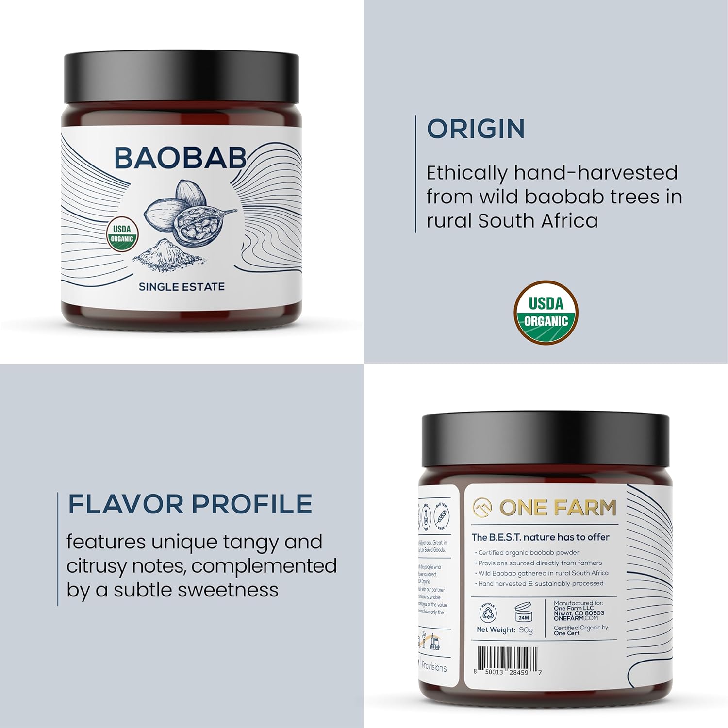 One Farm by WAAYB Organic Baobab Powder Non-GMO, Fair-Trade, Vegan, Gluten Free, Single Origin, 100% South African Baobab, Premium Quality in Resealable Jar
