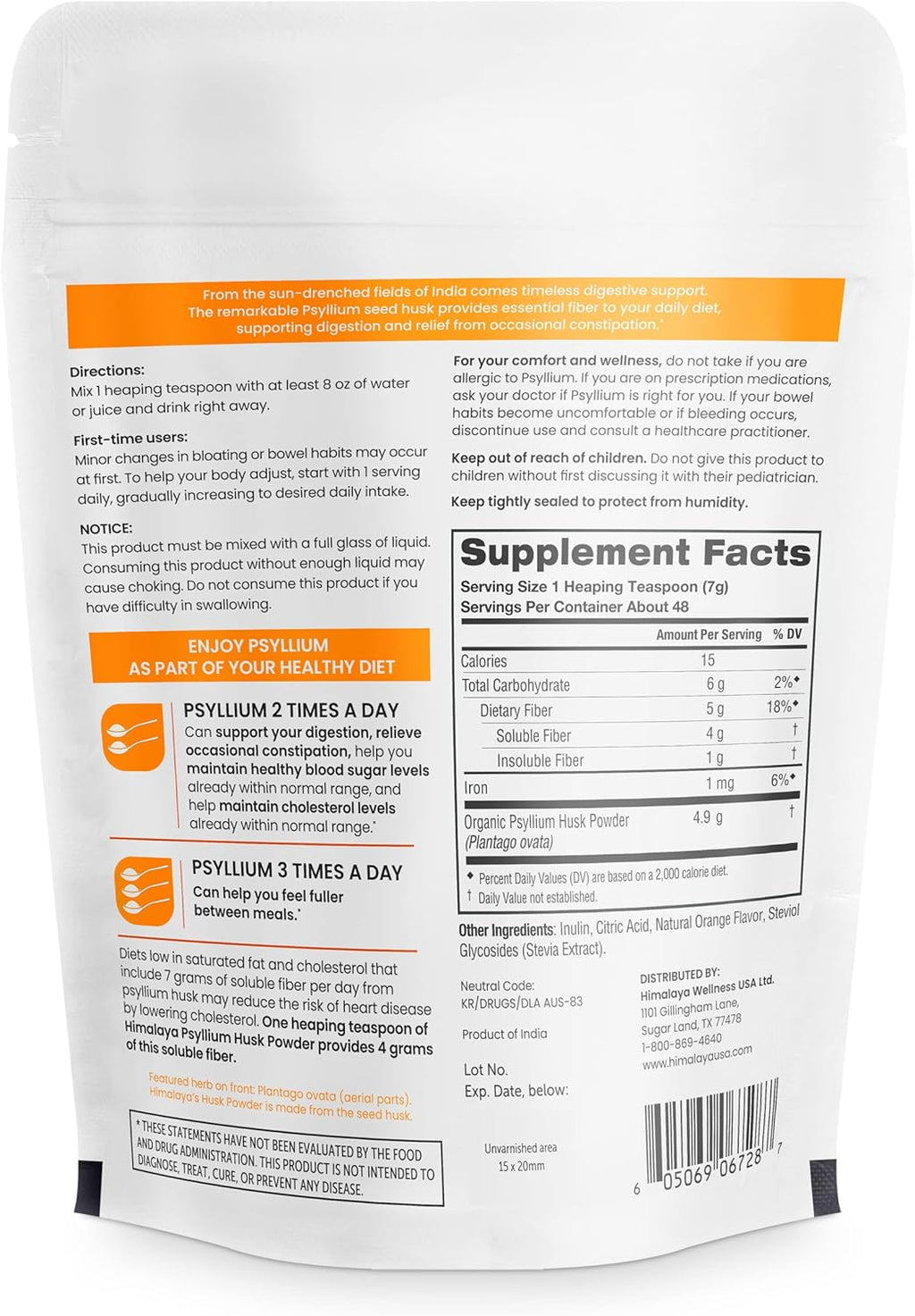 Himalaya Psyllium Husk Powder, Orange, 48 Servings - Daily Fiber Supplement for Supporting Digestive Health and Regularity - Vegan, Non-GMO, Sugar Free, Gluten Free, 12 oz (340 g)