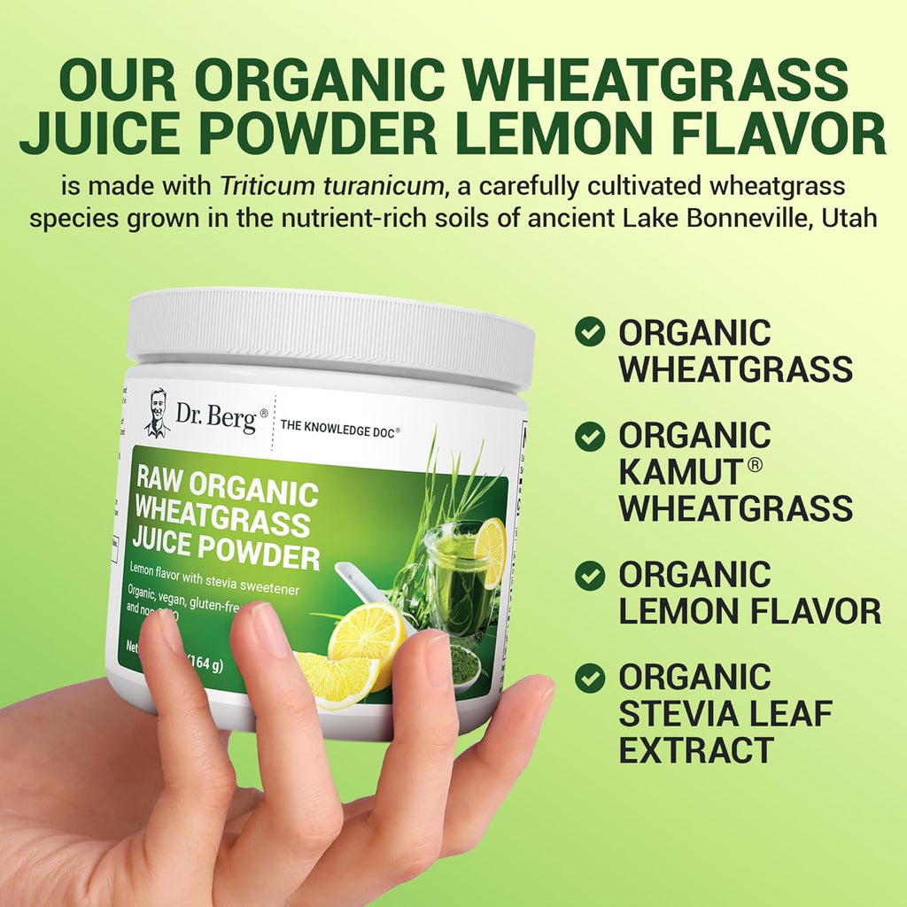 Dr. Berg USDA Certified Organic Green Powder Superfood (60 Servings) - Made with Raw Wheatgrass, Chlorophyll, Trace Minerals & Natural Enzymes - Non-GMO Green Superfood Powder - Lemon Flavor