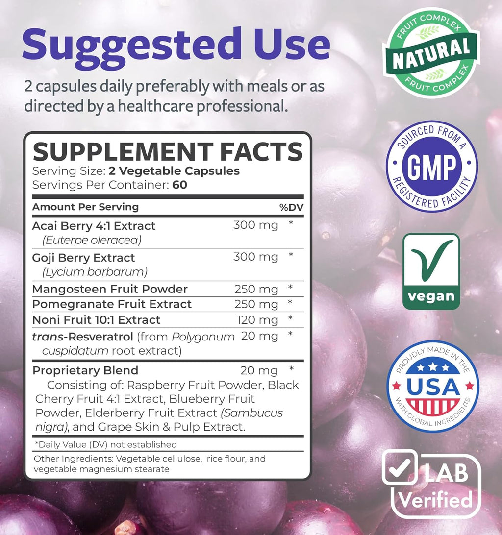 Super Antioxidants Supplement for Women & Men - High Potency Herbal & Fruit Blend with Acai, Goji, Pomegranate, Elderberry & Resveratrol for Skin Care & Immune Support - Vegan & Non-GMO - 120 Capsules