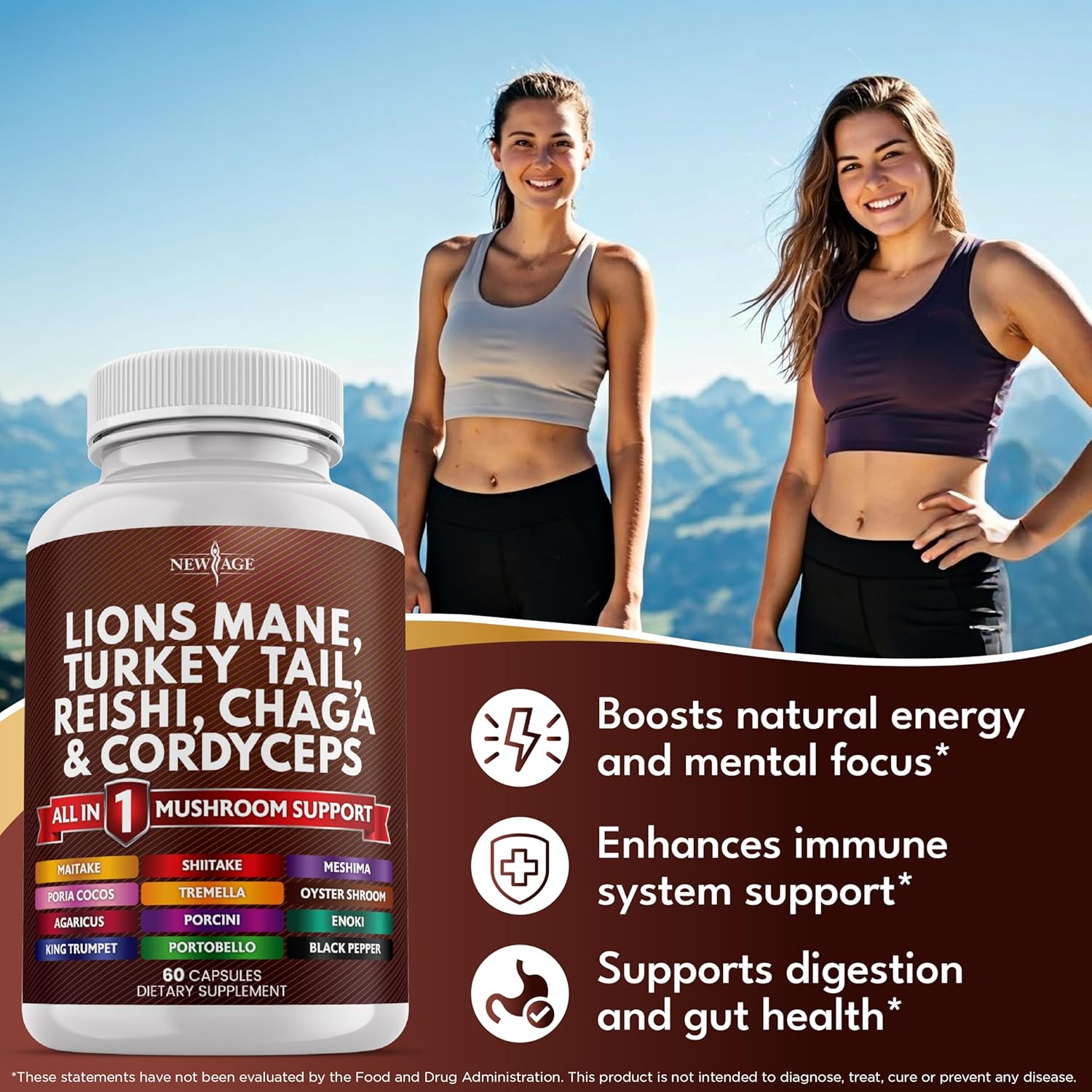 NEW AGE Lions Mane Mushroom Supplement with Turkey Tail Reishi Cordyceps Chaga with Marshmallow Root