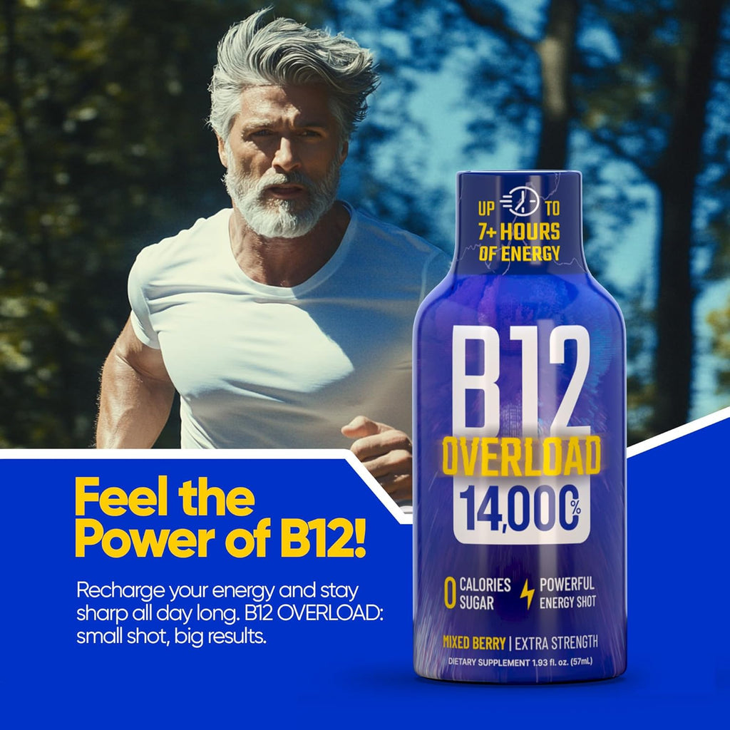 B12 Overload Extra Strength Energy Shot – Mixed Berry– 260mg Caffeine, 14000% B12, Electrolytes – Energy & Vitality Support – Zero Sugar No Calories – Vegan, Kosher, Gluten-Free – 1.93 fl oz, 24-Pack