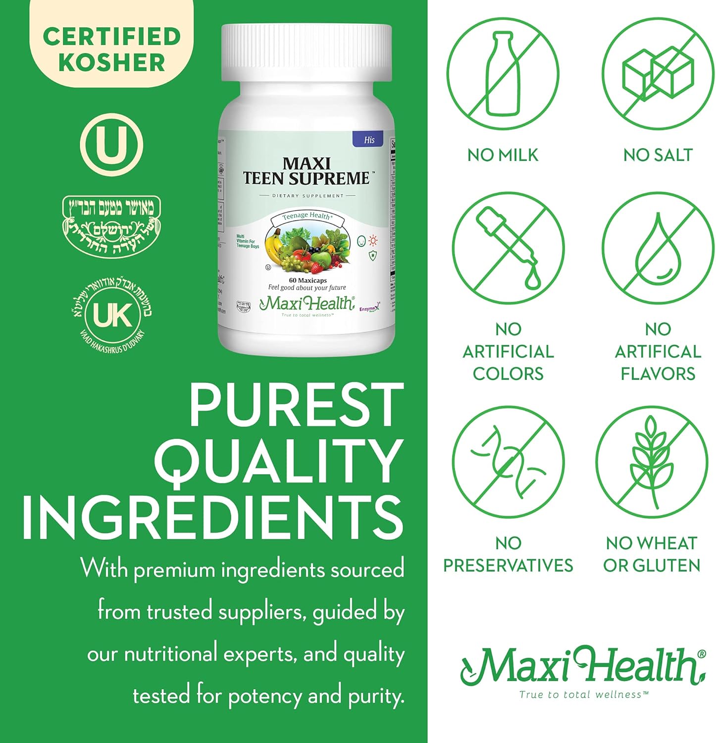 Teen Vitamins for Boys 12-17 - Teen Multivitamin Supreme with D3, Iron, Calcium, Biotin, Digestive Enzymes – Teenager Boy Multi Vitamins for Energy, Brain & Mood Support – 60 Count