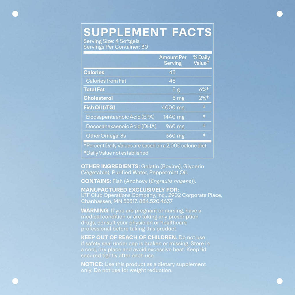 LTH Glow Omega-3 Fish Oil - Trusted by Life Time Fitness Members - NSF Certified for Sport - Supports Brain & Heart Health - Aids Healthy Skin, Hair & Nails - Gluten Free & Soy Free - 30 Servings