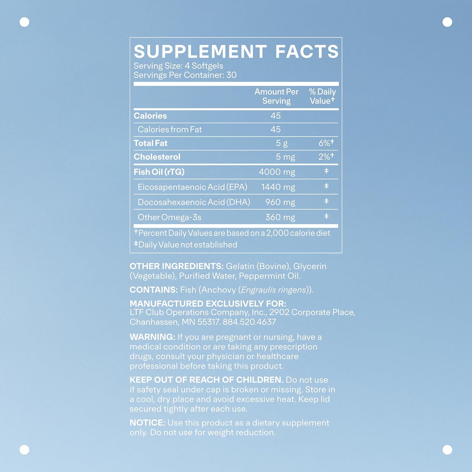 LTH Glow Omega-3 Fish Oil - Trusted by Life Time Fitness Members - NSF Certified for Sport - Supports Brain & Heart Health - Aids Healthy Skin, Hair & Nails - Gluten Free & Soy Free - 30 Servings