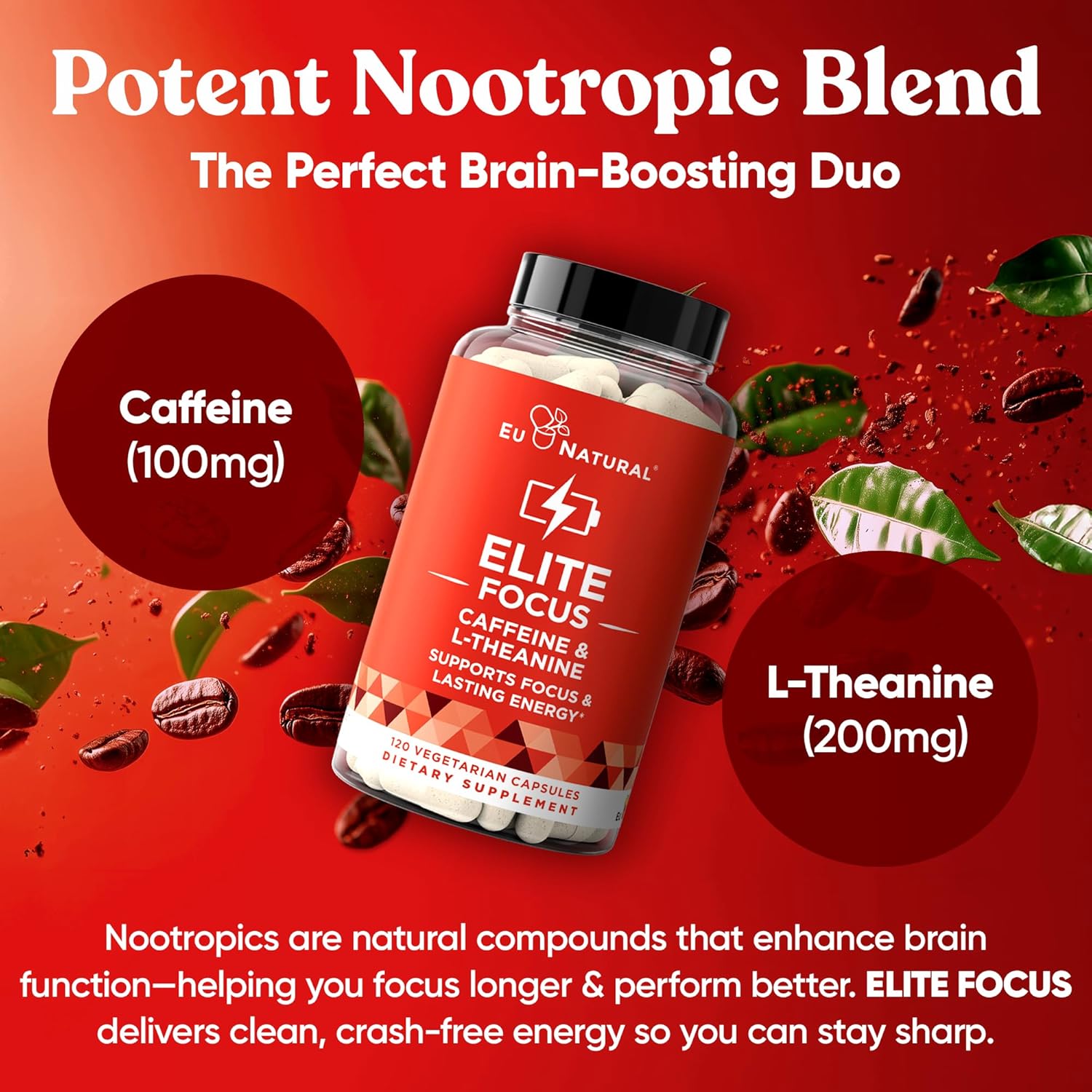 Elite Caffeine Pills with L-Theanine – Jitter-Free Focused Energy Supplements – Clean & Natural Nootropic Stack for Smart Cognitive Performance – 120 Soft Capsules